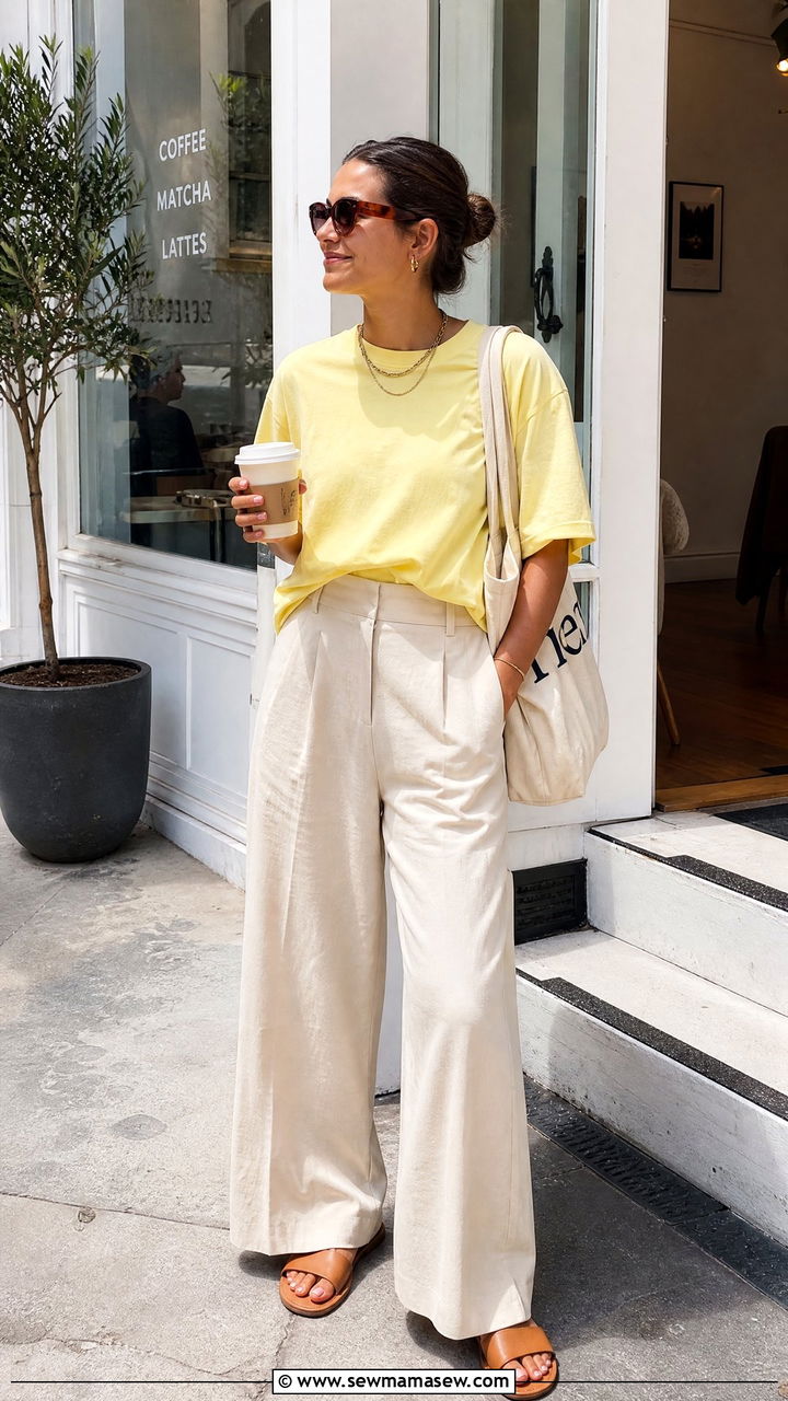 Lemon yellow t shirt with beige wide leg pants - 30 summer lemon yellow outfit ideas