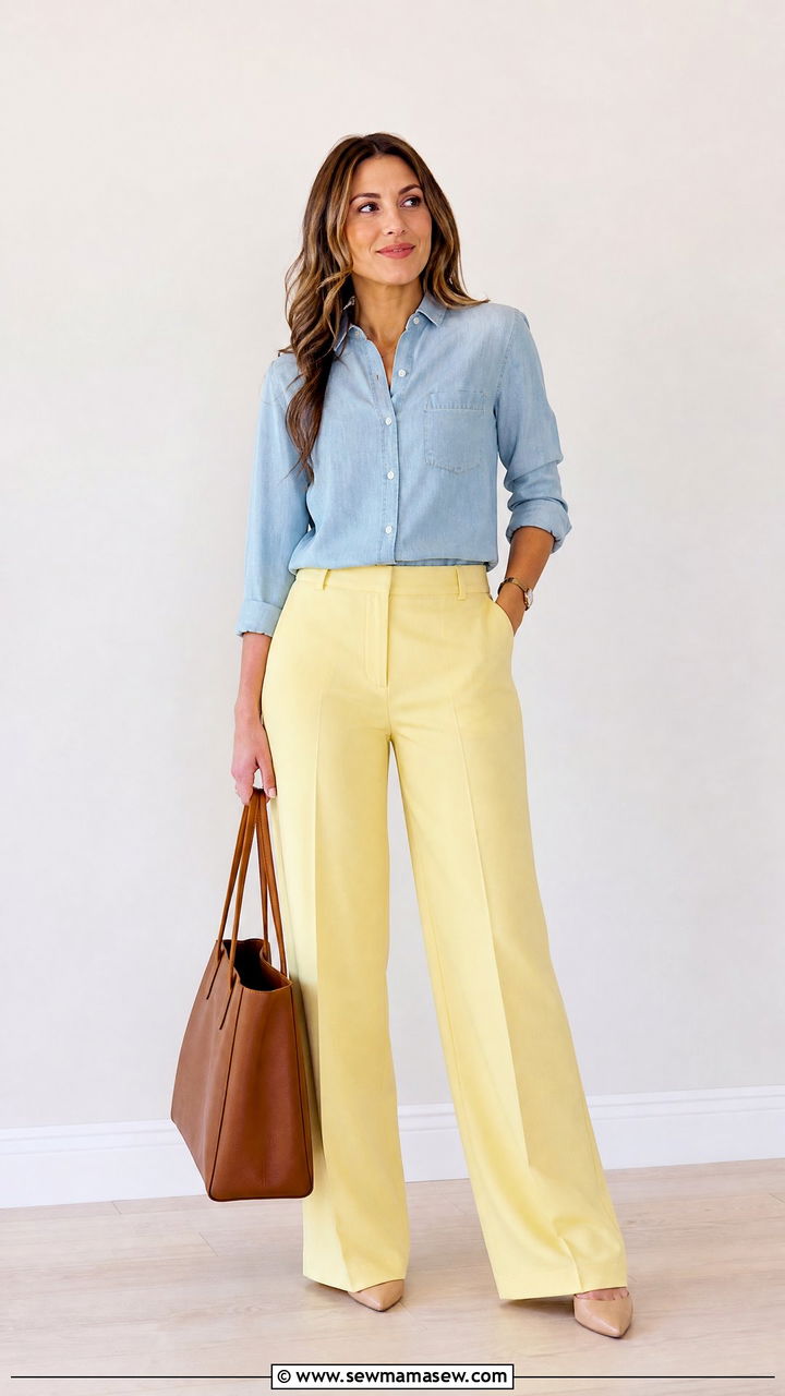 Lemon yellow trousers with chambray shirt - 30 summer lemon yellow outfit ideas