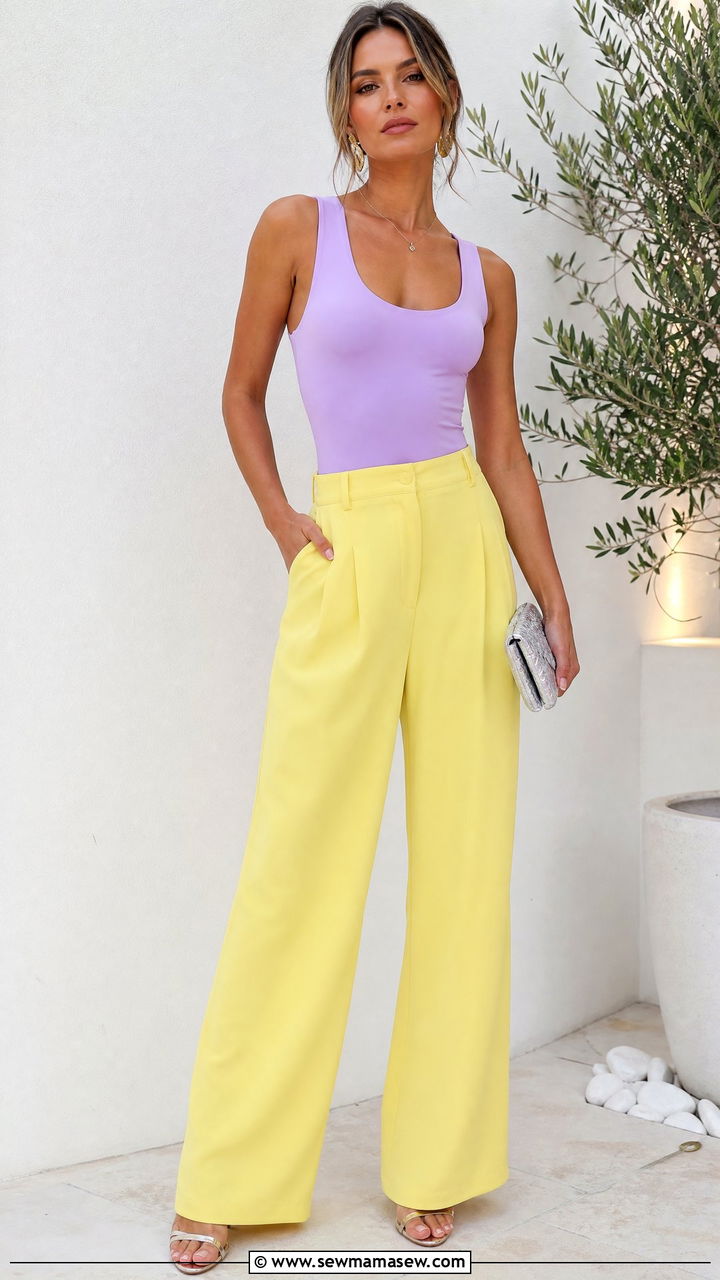 Lemon yellow wide leg trousers with lilac top - 30 summer lemon yellow outfit ideas