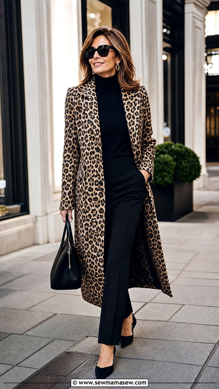 Leopard Coat with Black Turtleneck and Trousers - 25 comfortable outfit ideas for women over 40