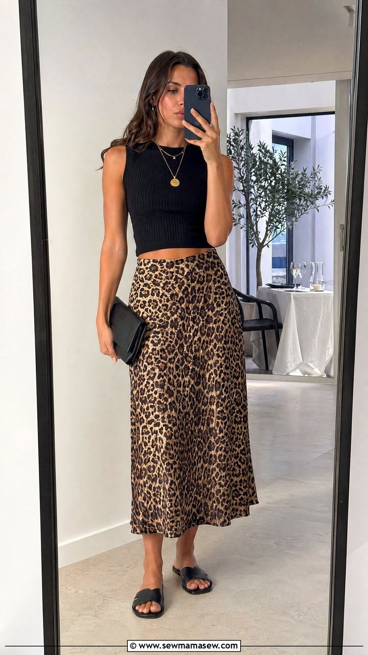 Leopard Midi Skirt and Black Crop Top - 35 European vacation outfit ideas