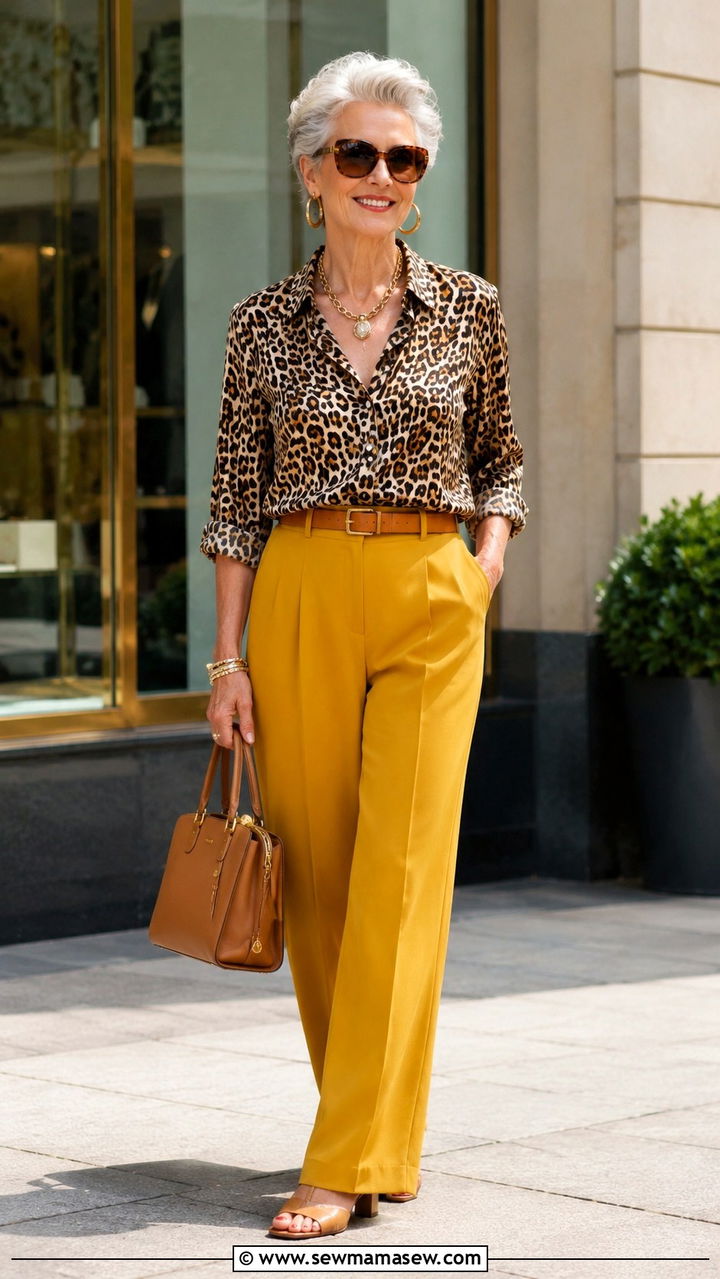 Leopard Print Blouse With Mustard WideLeg Pants - 30 Classy outfits for women over 60