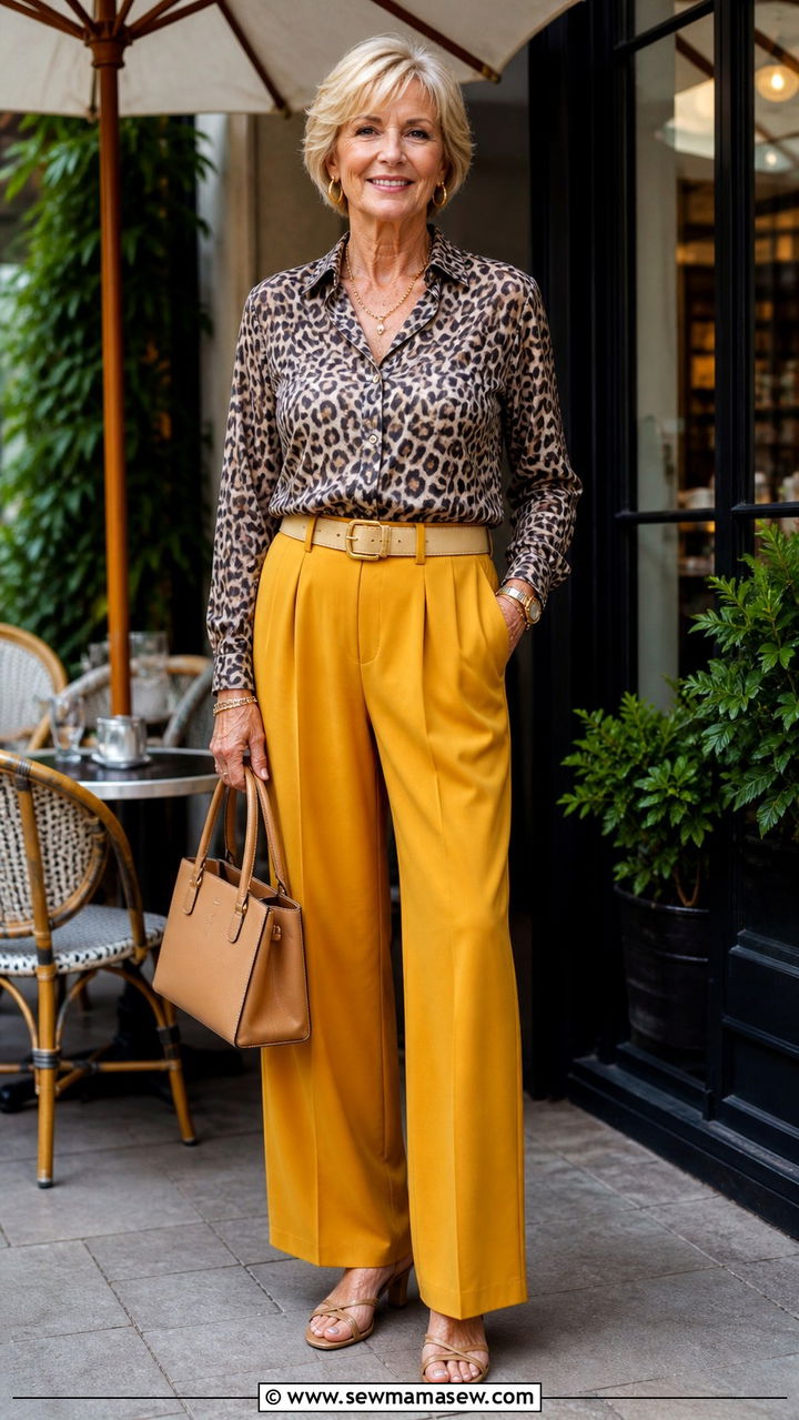 Leopard Print Blouse with Mustard Trousers - 40 Spring outfit ideas for women over 60 2026