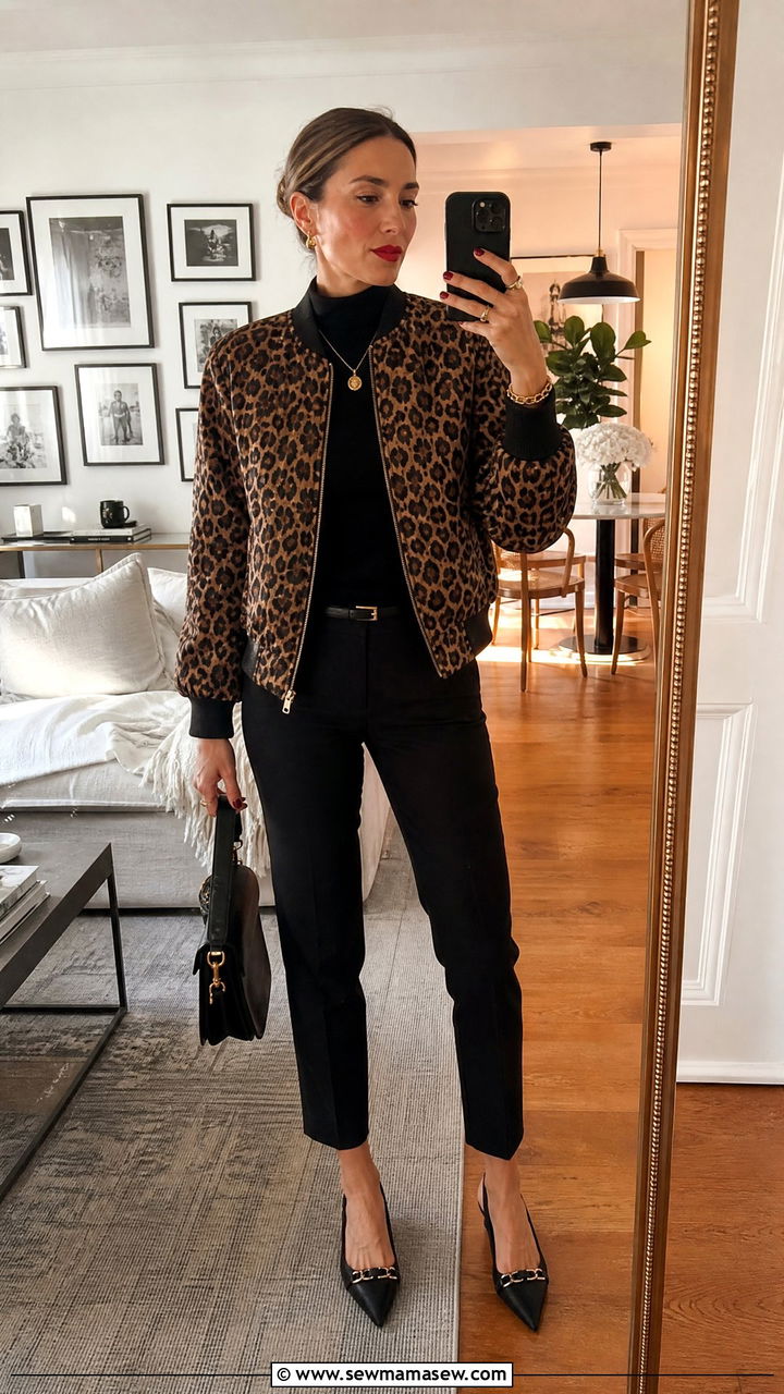 Leopard Print Bomber with Black Trousers and Pointed Flats - 30 How to style a bomber jacket