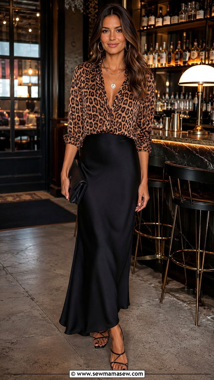Leopard Print Button Down With Black Maxi Skirt - 30 Maxi skirt outfit ideas with a button down