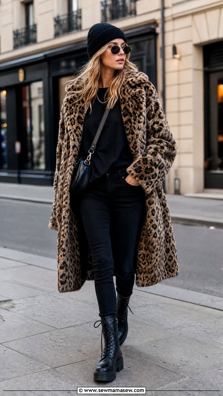 Leopard Print Coat Over An All Black Base - 25 Grunge outfit ideas 2026