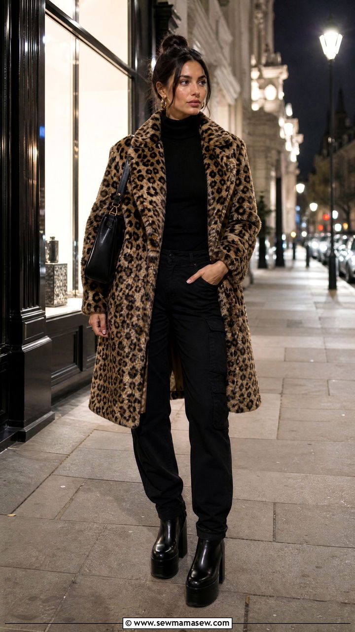 Leopard Print Coat With Black Cargo Pants - 30 streetwear outfits 2026