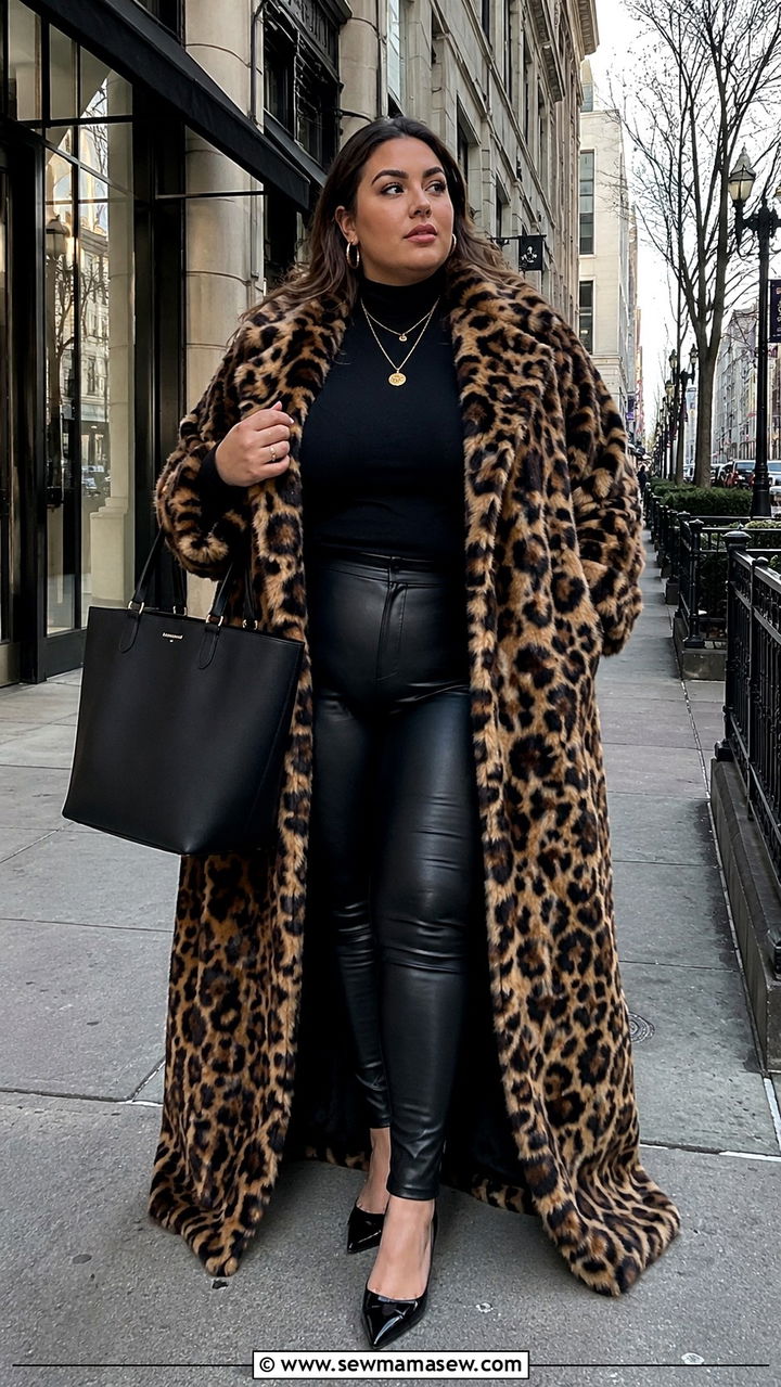 Leopard Print Coat With Black Leather Pants And Pointed Toe Heels - 20 Mob wife aesthetic outfit ideas plus size