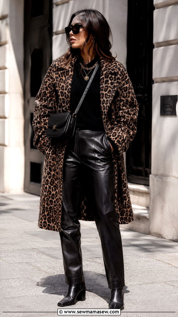 Leopard Print Coat with Black Leather Pants Outfit - 30 maximalist outfits 2026
