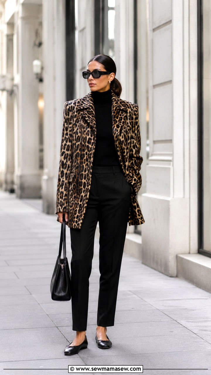 Leopard Print Coat with Black Tailored Trousers and Ballet Flats - 20 Quiet luxury outfit ideas Khaite style