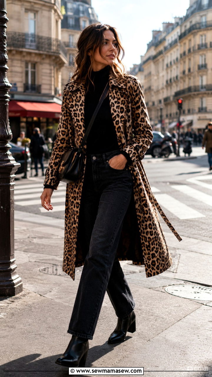 Leopard Print Coat with Black Turtleneck and Jeans - 25 Paris packing list outfits
