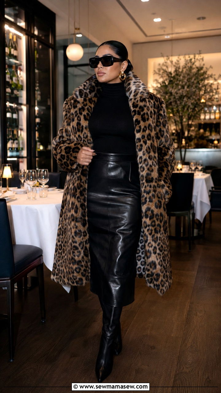 Leopard Print Faux Fur Coat With Black Turtleneck And Leather Midi Skirt - 30 Mob wife outfits 2026