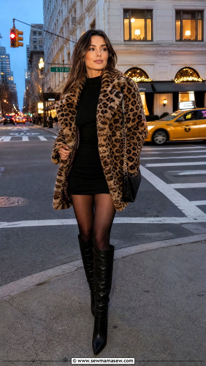 Leopard Print Fur Coat with Black Mini Dress and Boots - 35 Fur coat outfit ideas