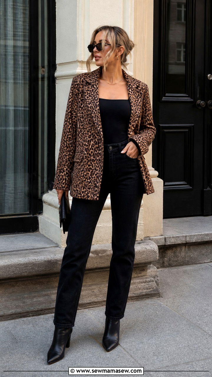 Leopard Print Jacket With Black Bodysuit and Black Jeans - 40 cute jacket outfits