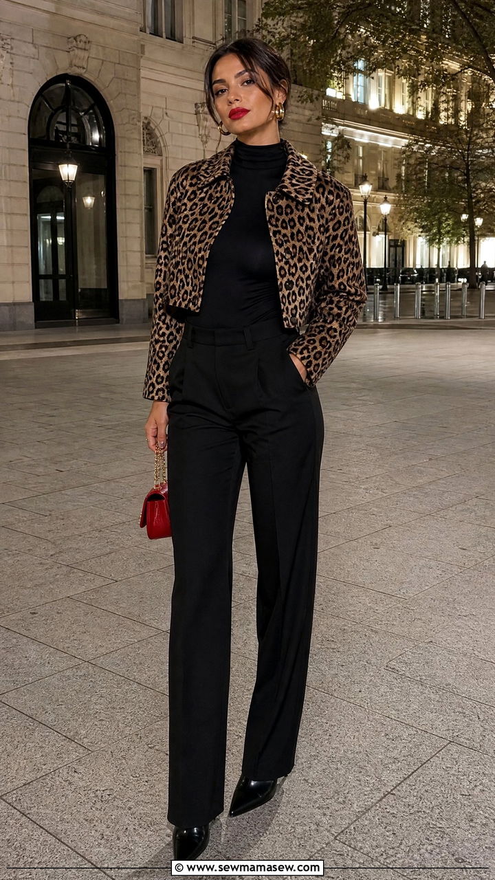 Leopard Print Jacket With Black Trousers And Red Accessories - 25 jacket outfits aesthetic