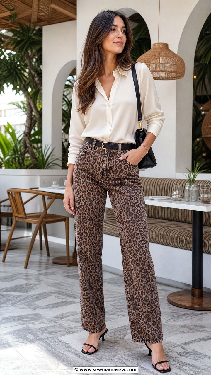 Leopard Print Jeans with a Silk Blouse and Kitten Heels - 30 Girls brunch outfit ideas