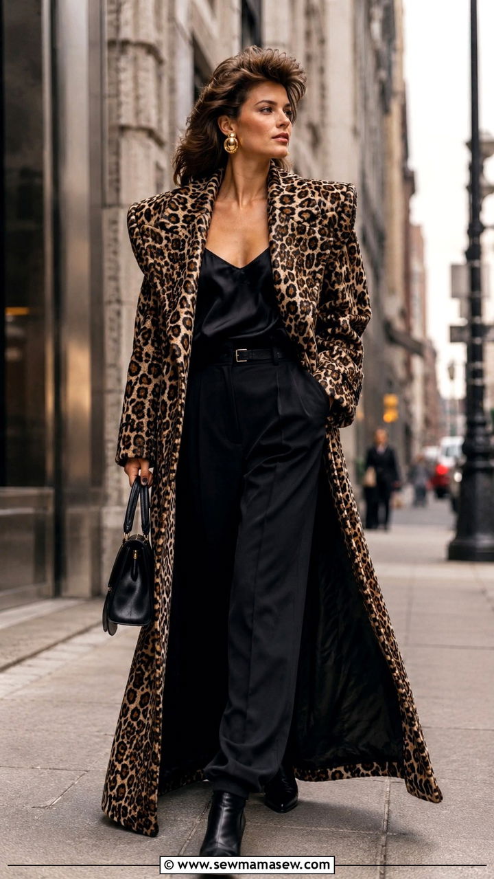 Leopard Print Maxi Coat Over All Black Base Layers - 25 80s luxury outfit ideas 2026