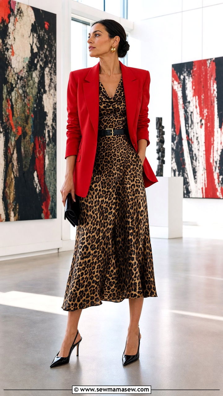 Leopard Print Midi Dress With A Structured Red Blazer - 25 classy maximalist outfits