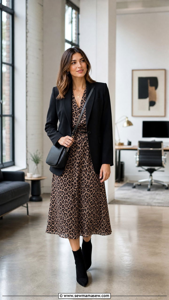 Leopard Print Midi Dress With Black Blazer And Ankle Boots - 25 Business casual outfits with midi dress