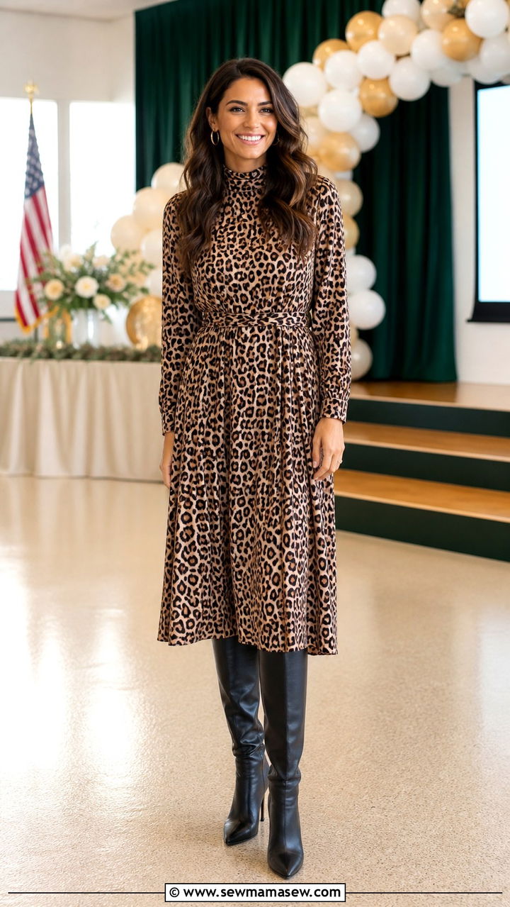 Leopard Print Midi Dress With Knee High Boots - 40 teacher outfits ideas