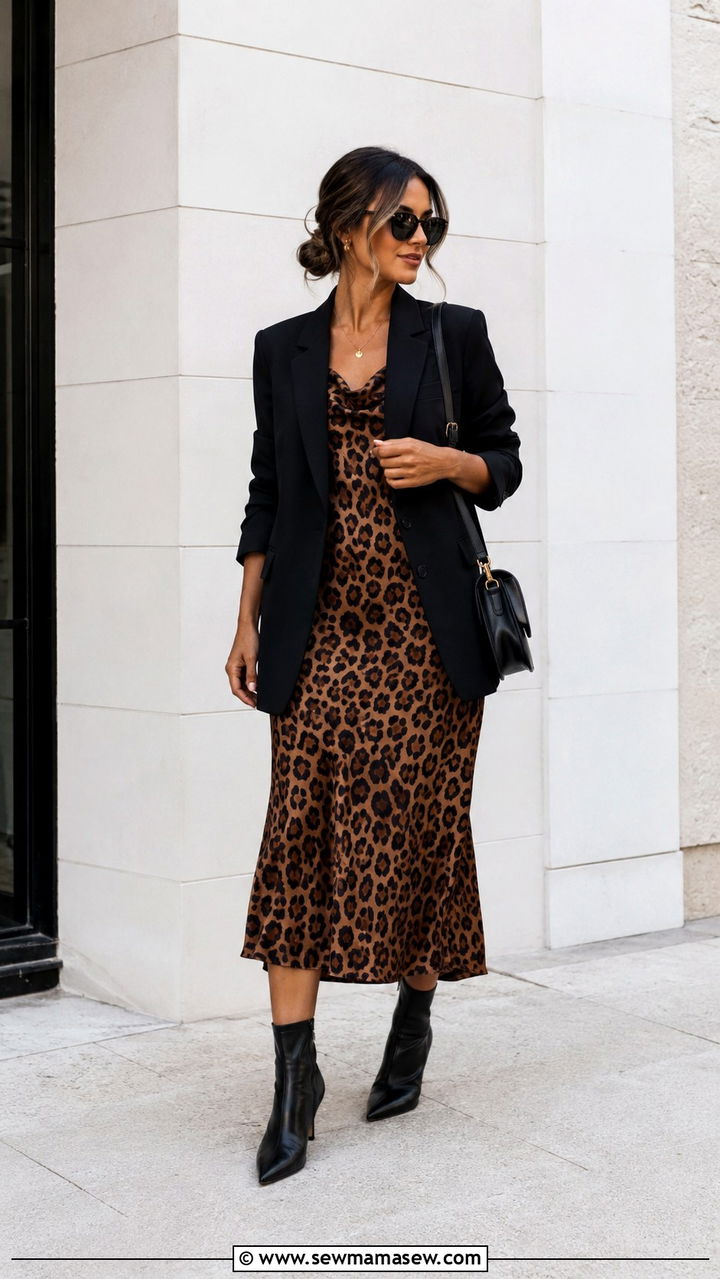 Leopard Print Midi Dress with Black Blazer and Pointed Toe Boots - 30 Transitional dress outfit ideas