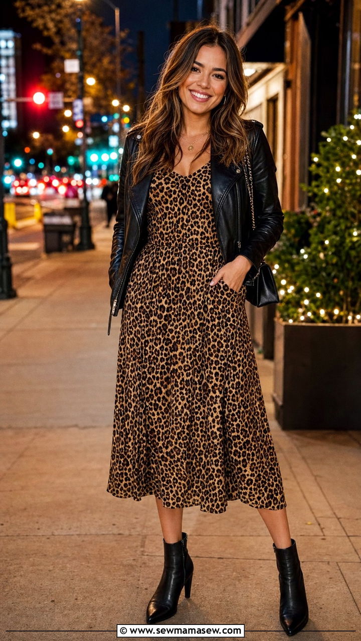 Leopard Print Midi Dress with Leather Jacket and Ankle Boots - 35 casual midi dress outfits