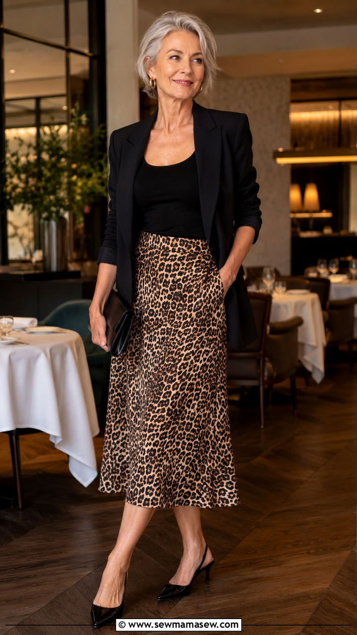 Leopard Print Midi Skirt With Black Bodysuit and Kitten Heels - 20 How to style a midi skirt over 60