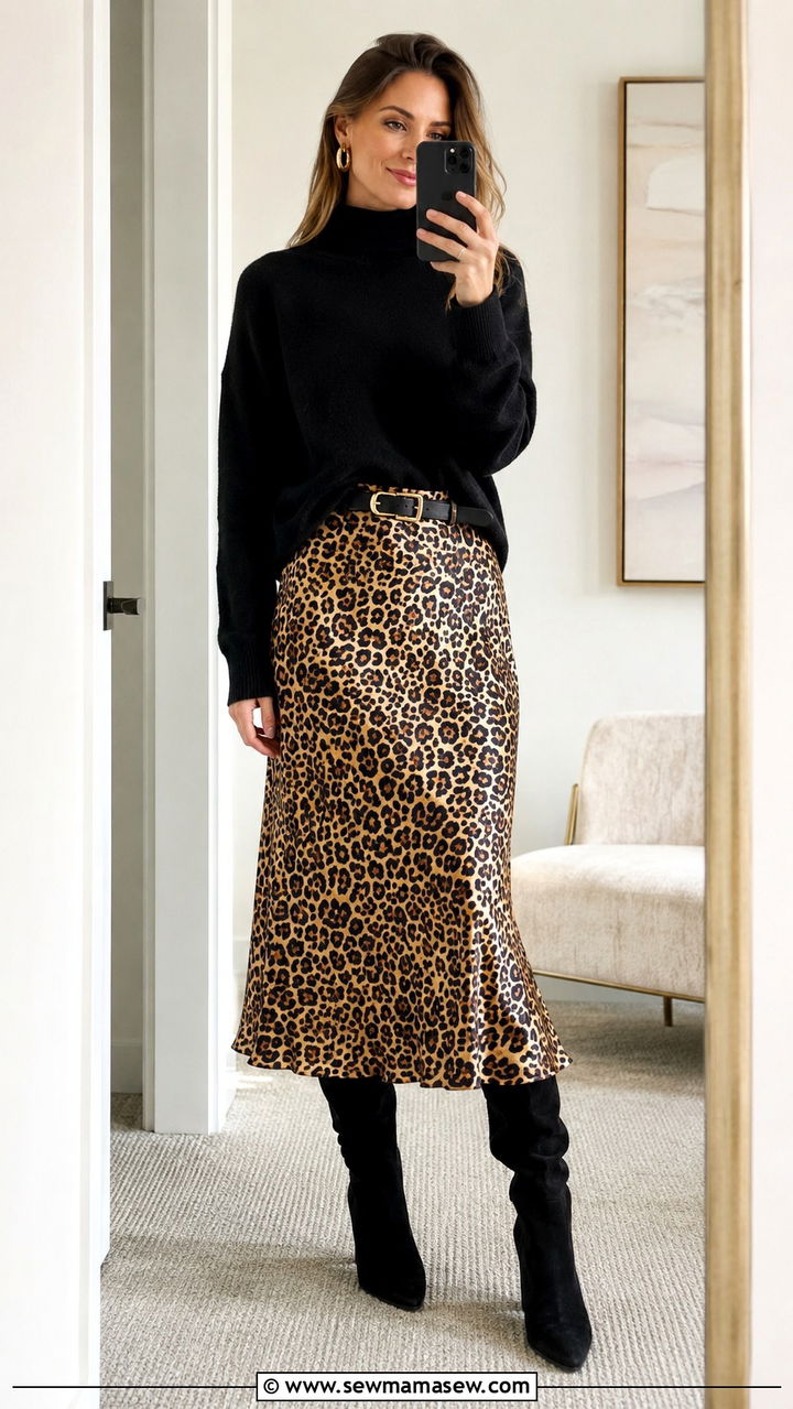 Leopard Print Midi Skirt With Black Cashmere Funnel Neck - 25 80s luxury outfit ideas 2026