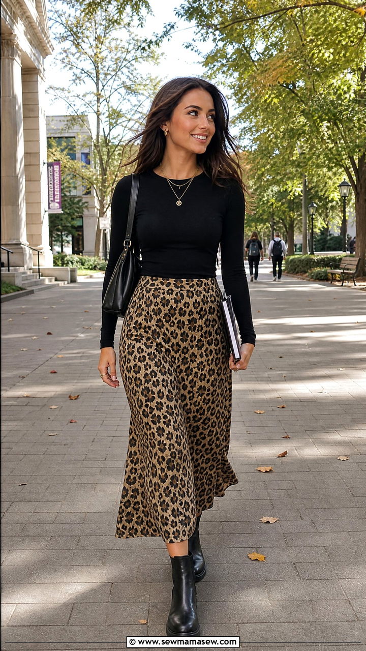Leopard Print Midi Skirt with a Black Bodysuit - 30 First day of college outfit ideas 2026