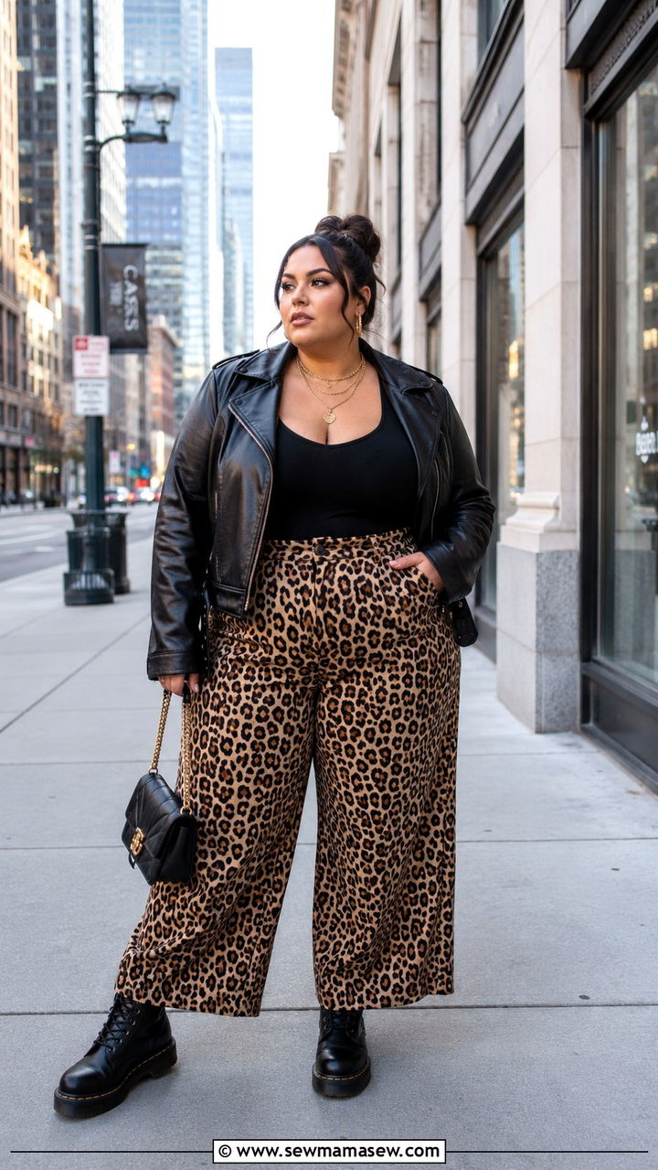 Leopard Print Pants With Black Leather Jacket And Combat Boots - 20 Mob wife aesthetic outfit ideas plus size
