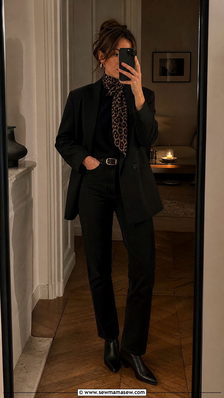 Leopard Print Scarf with All Black Outfit - 30 french girl capsule wardrobe outfits