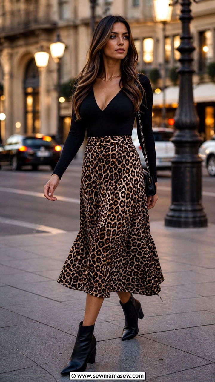 Leopard Print Skirt with a Black Top - 40 cute spring outfit ideas