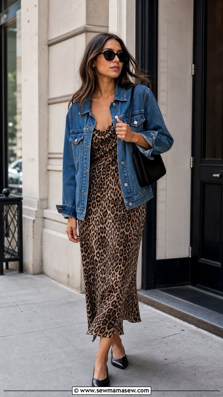 Leopard Print Slip Dress With Classic Denim Jacket - 25 Slip dress outfit ideas with a denim jacket