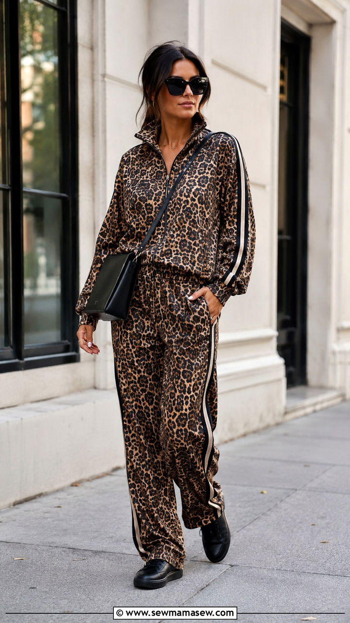 Leopard Print Tracksuit With Black Accessories - 30 spring sporty chic outfit ideas