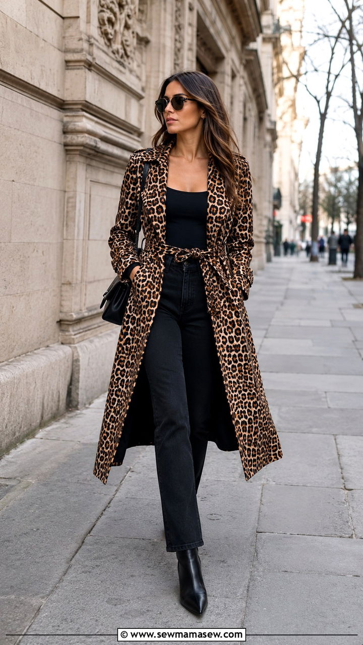 Leopard Print Trench Coat With All Black Layers - 25 trench coat outfits 2026