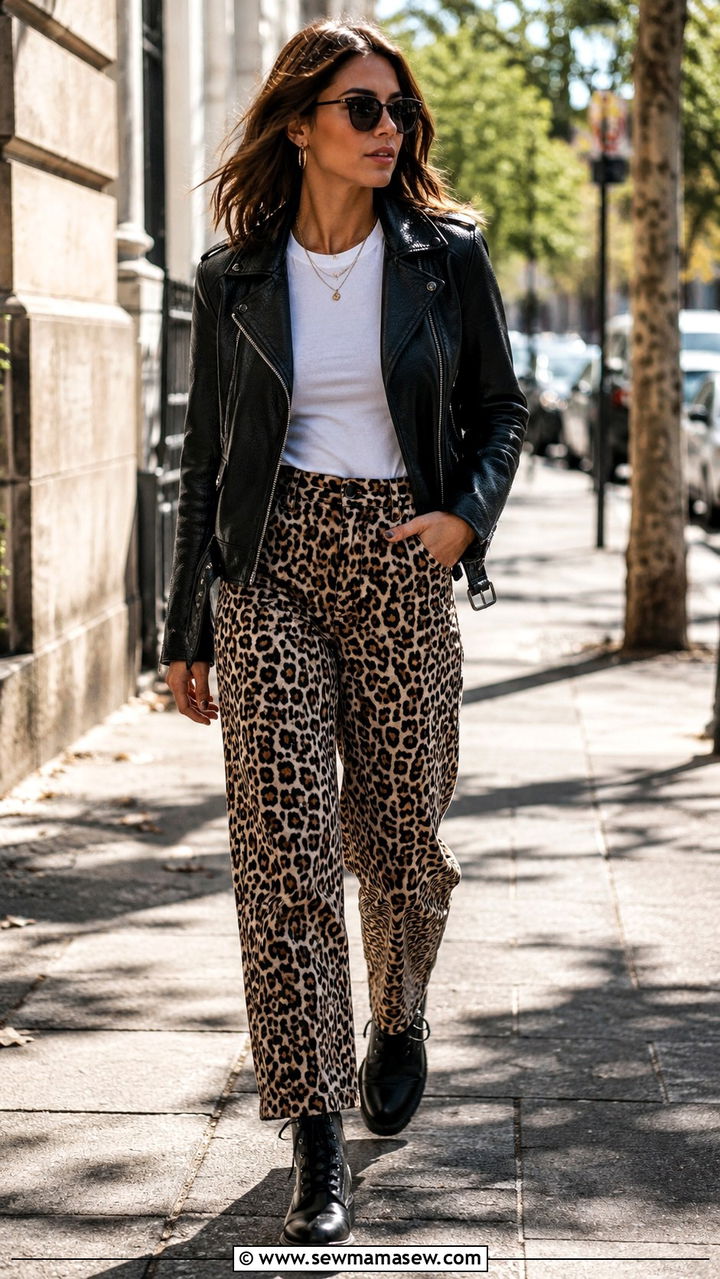 Leopard Print Trousers With Black Leather Jacket And Combat Boots - 30 Mob wife outfits 2026