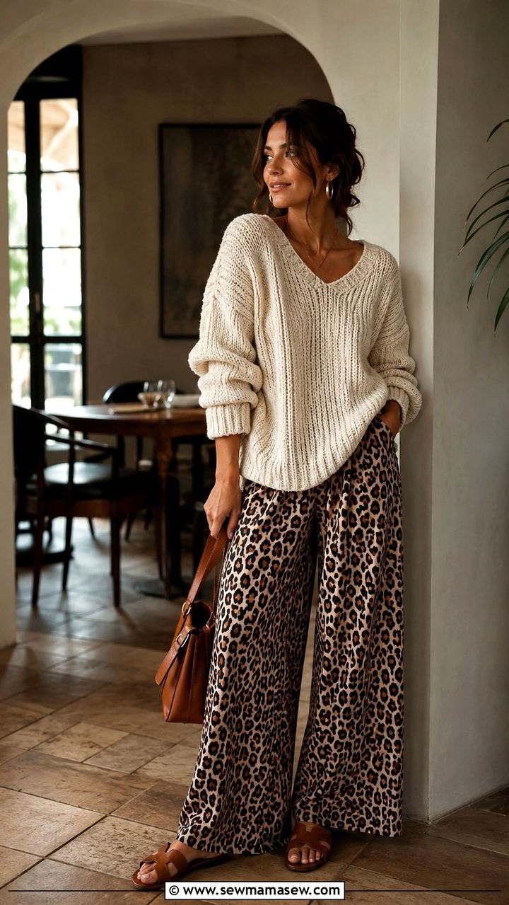 Leopard Print Trousers With Cozy Sweater - 30 Brunch outfit ideas Sunday chic