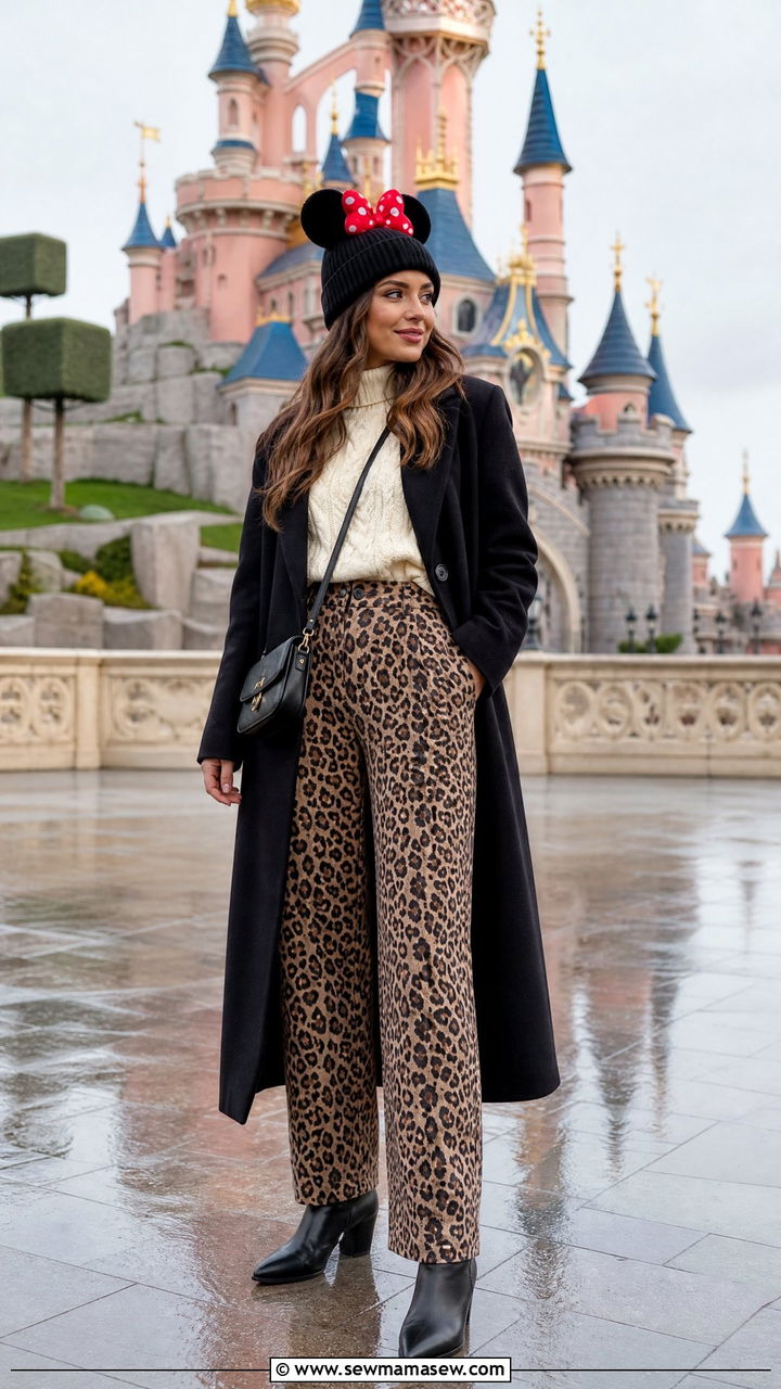 Leopard Print Trousers and Black Wool Coat Winter Statement Look - 30 Disneyland Paris outfit ideas