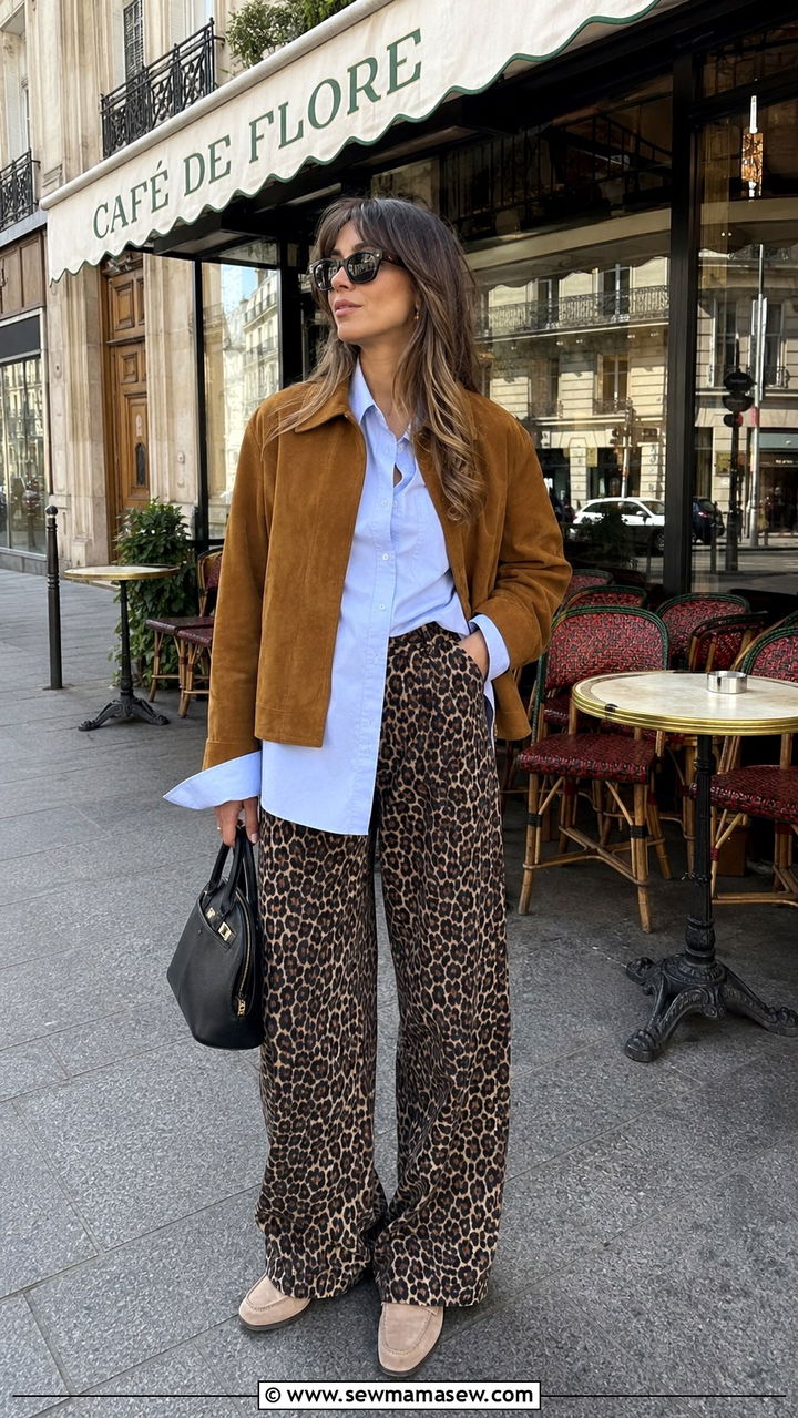 Leopard Print Trousers with Light Blue Button Down - 30 Spring brunch with friends outfits