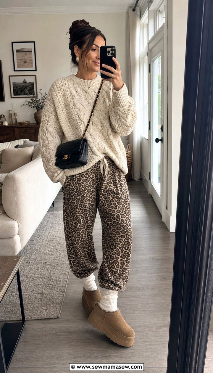Leopard Track Pants With Cream Sweater And Uggs - 25 spring track pants outfit ideas