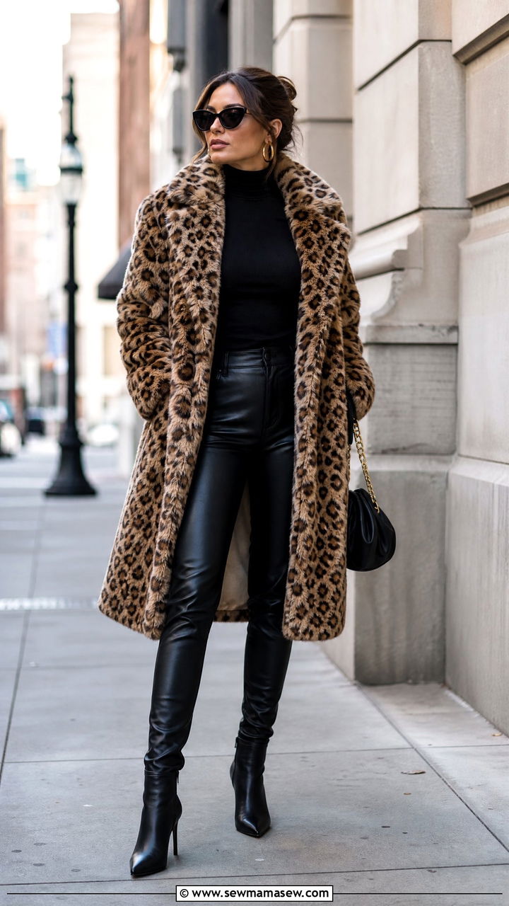 Leopard coat with black leather pants - 35 Mob wife outfit ideas
