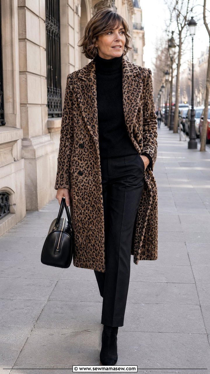 Leopard coat with black turtleneck and trousers - 35 French girl outfit ideas for women over 40