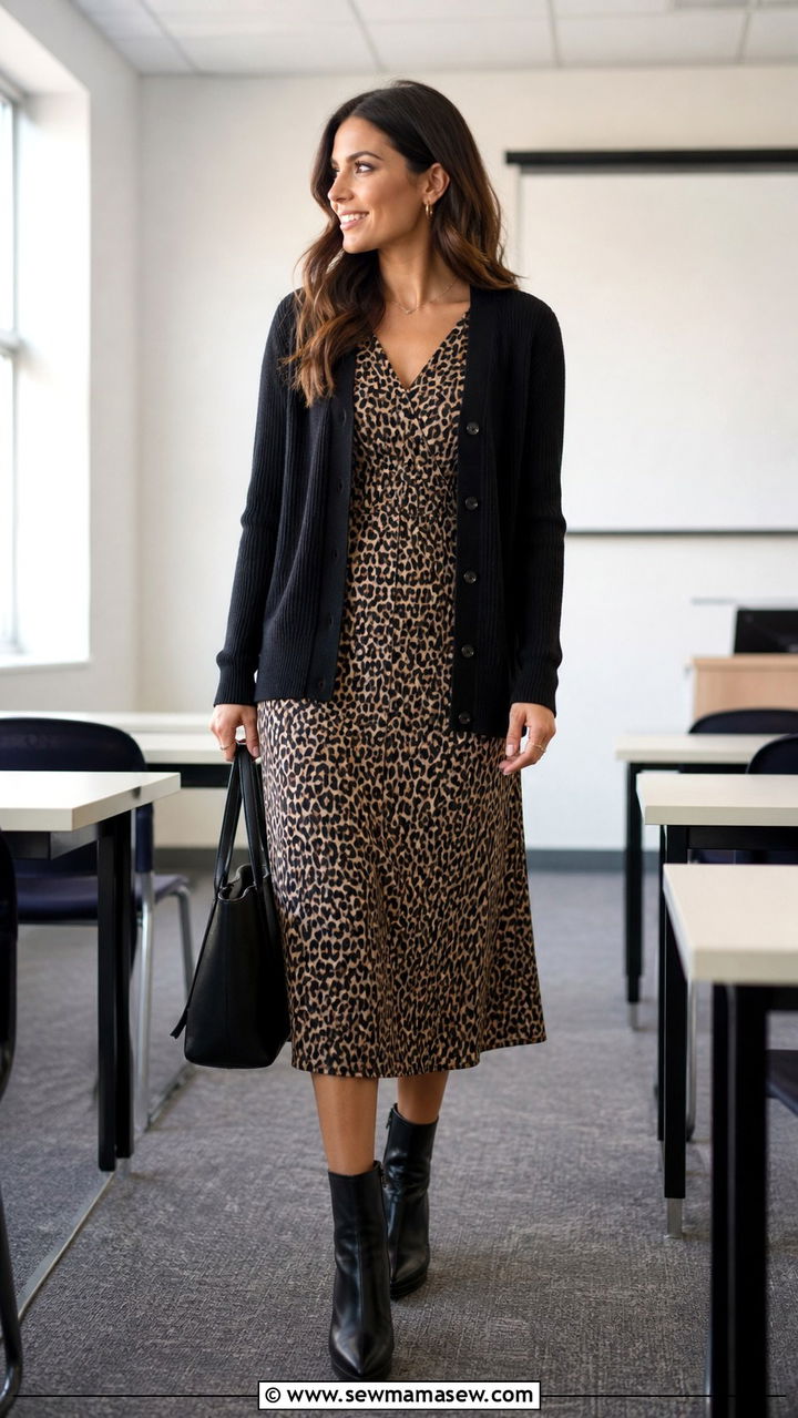 Leopard midi dress with ankle boots - 40 classy teacher outfits