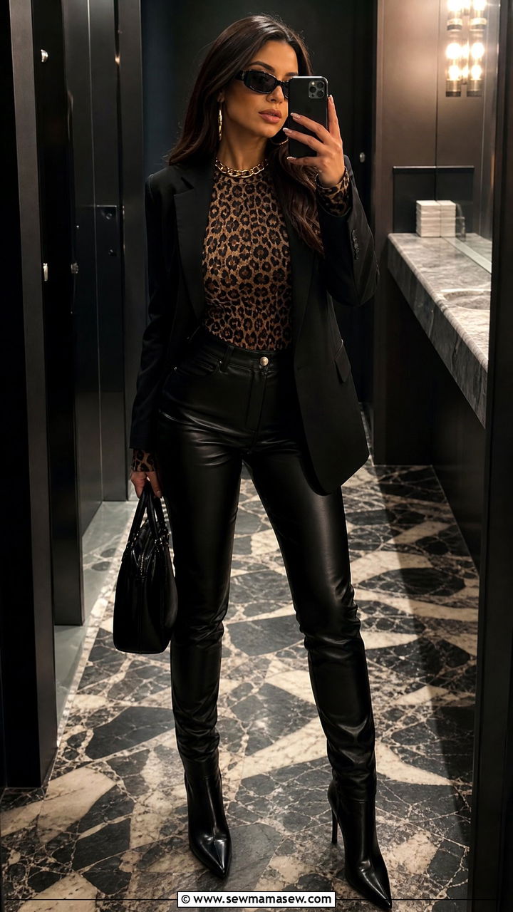 Leopard print bodysuit with black leather trousers - 35 Mob wife outfit ideas