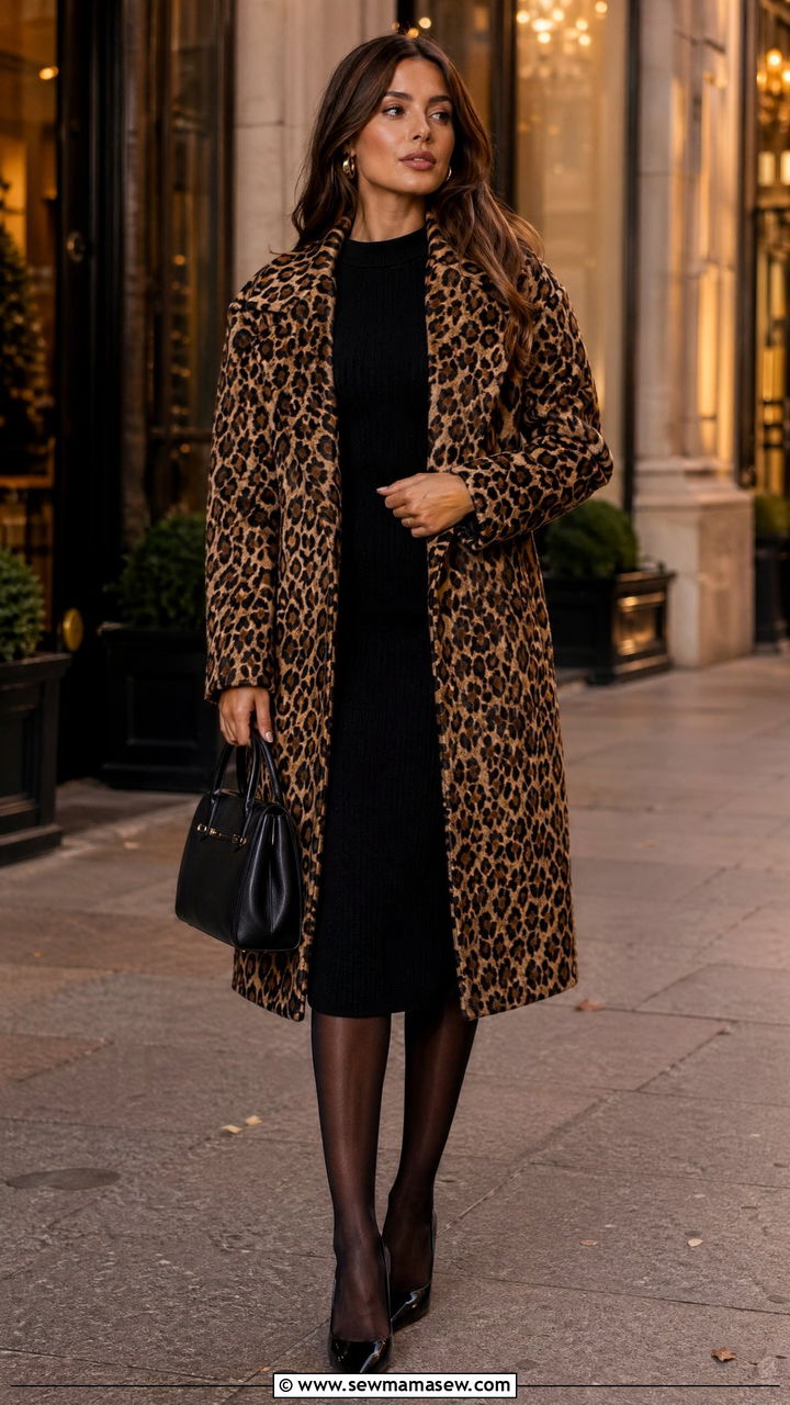 Leopard print coat with black dress - 35 elegant outfits for women