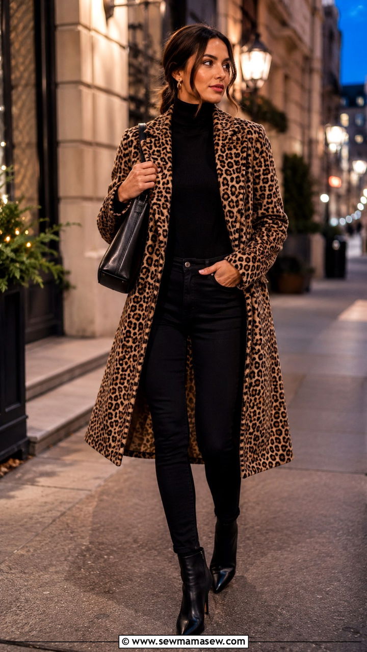 Leopard print coat with black jeans and boots outfit - 25 Trendy outfits 2026