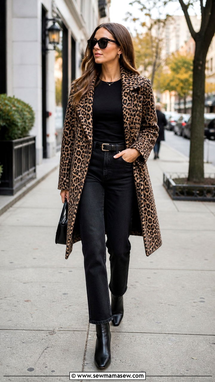 Leopard print coat with black jeans outfit - 40 trendy outfits ideas