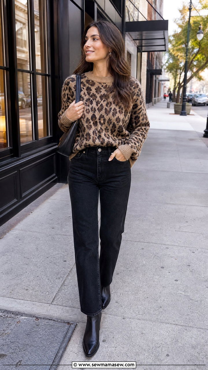 Leopard print crewneck sweater with black denim - 25 Leopard print outfit ideas 2026