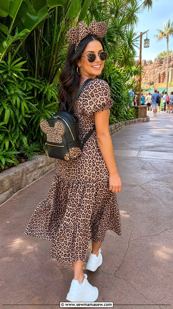 Leopard print dress with Minnie ears outfit - 25 Animal Kingdom outfit ideas