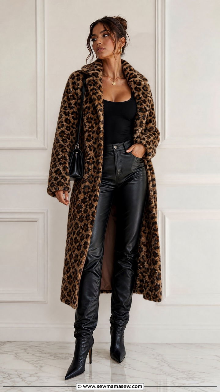 Leopard print faux fur coat with leather pants - 25 Leopard print outfit ideas 2026